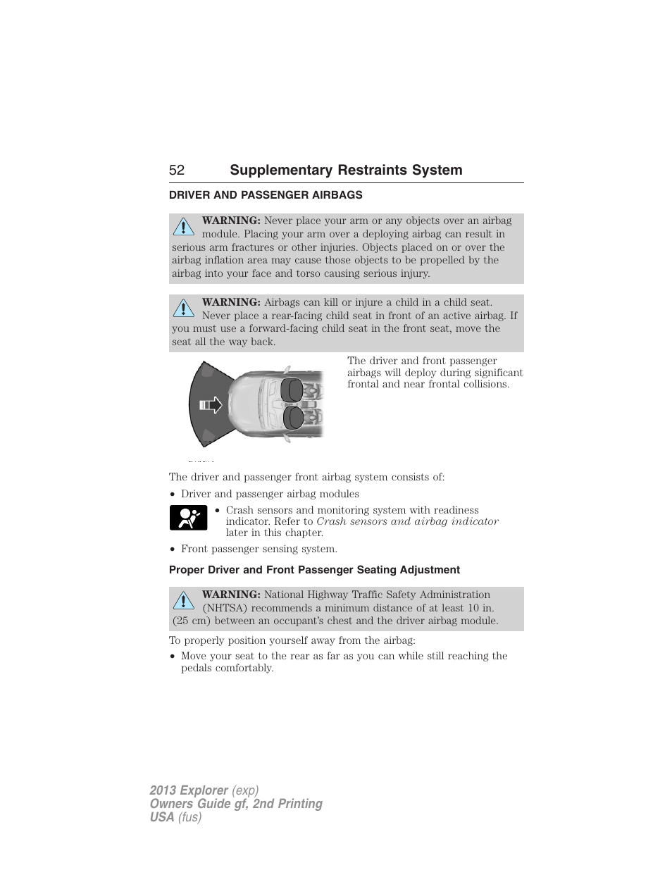 Driver and passenger airbags, 52 supplementary restraints system | FORD 2013 Explorer v.2 User Manual | Page 52 / 565