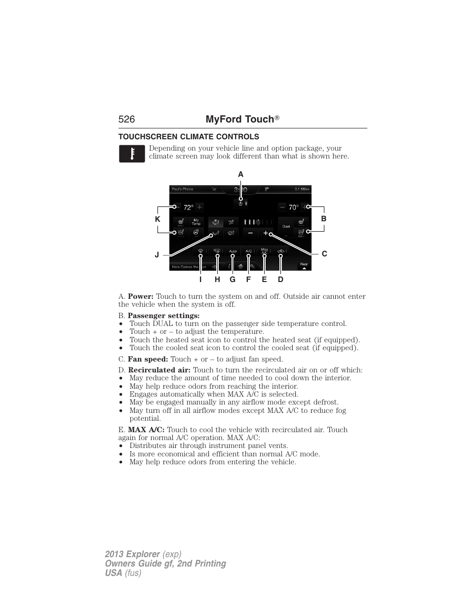 Touchscreen climate controls, Climate features, 526 myford touch | FORD 2013 Explorer v.2 User Manual | Page 526 / 565