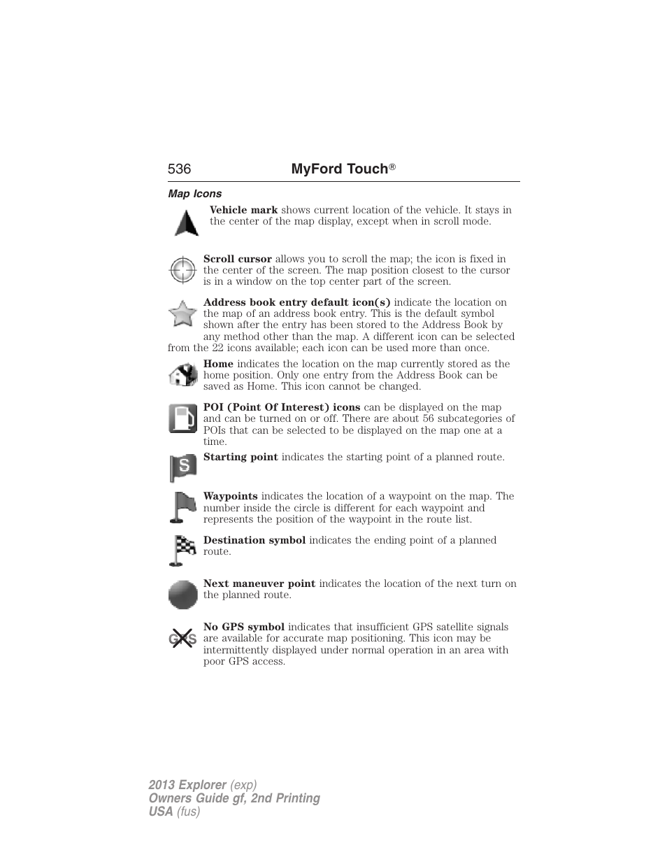 Map icons, 536 myford touch | FORD 2013 Explorer v.2 User Manual | Page 536 / 565