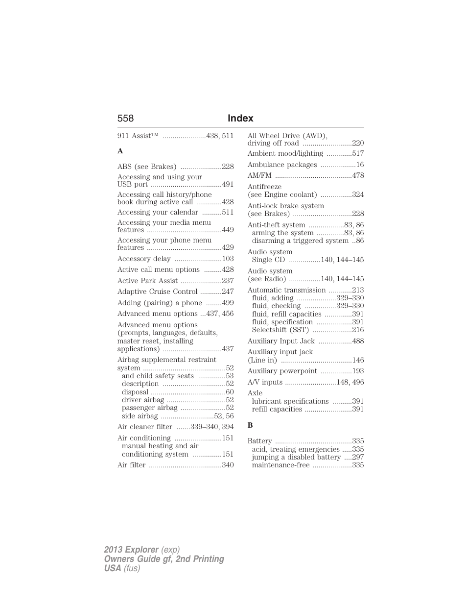 Index, 558 index | FORD 2013 Explorer v.2 User Manual | Page 558 / 565