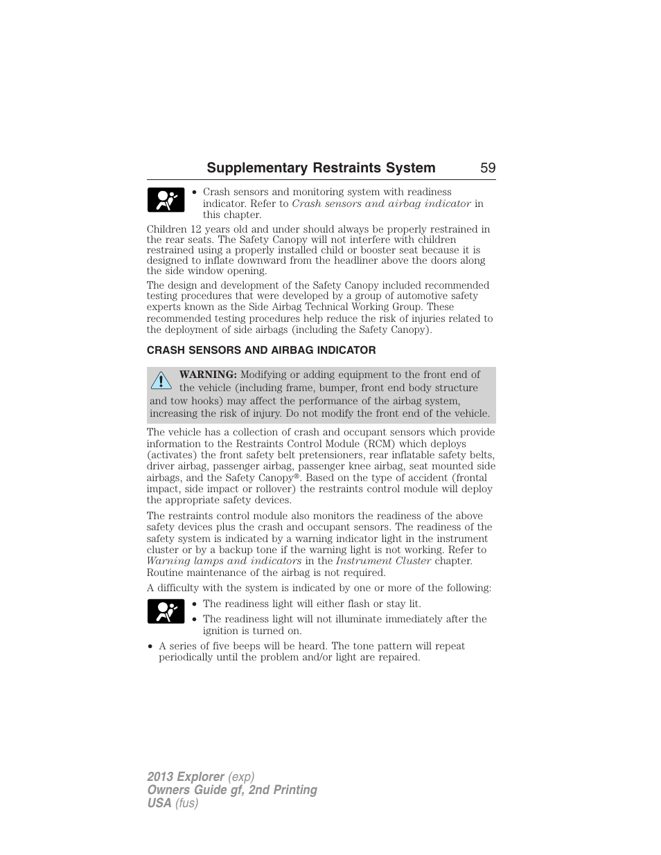 Crash sensors and airbag indicator, Supplementary restraints system 59 | FORD 2013 Explorer v.2 User Manual | Page 59 / 565