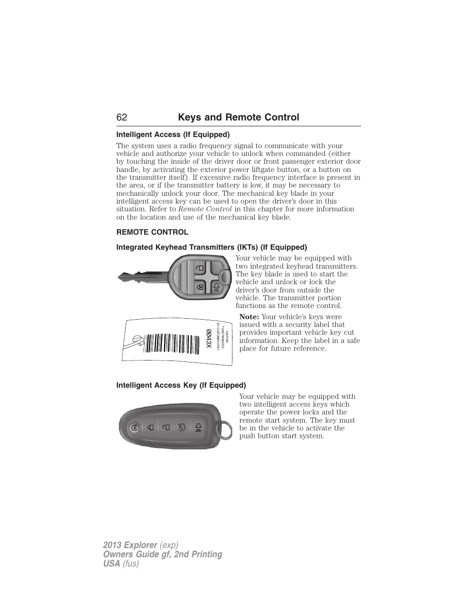 Intelligent access (if equipped), Remote control, Intelligent access key (if equipped) | Keys, 62 keys and remote control | FORD 2013 Explorer v.2 User Manual | Page 62 / 565