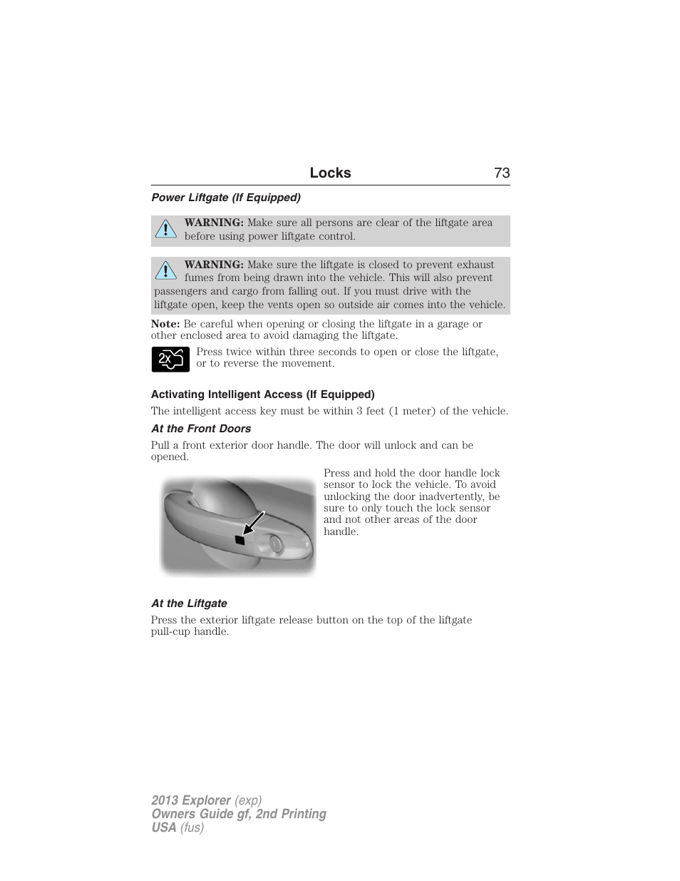 Power liftgate (if equipped), Activating intelligent access (if equipped), At the front doors | At the liftgate, Locks 73 | FORD 2013 Explorer v.2 User Manual | Page 73 / 565