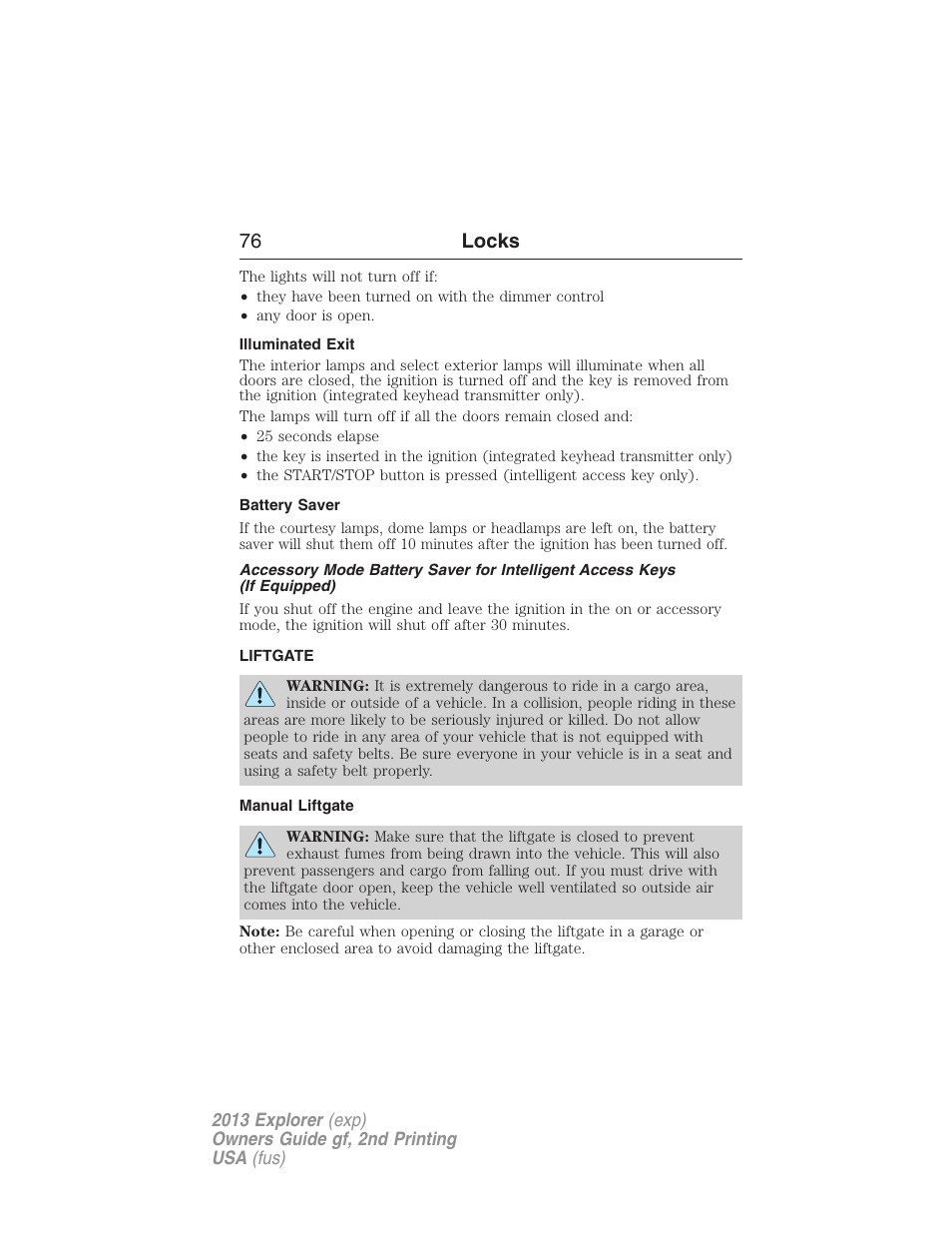 Illuminated exit, Battery saver, Liftgate | Manual liftgate, 76 locks | FORD 2013 Explorer v.2 User Manual | Page 76 / 565