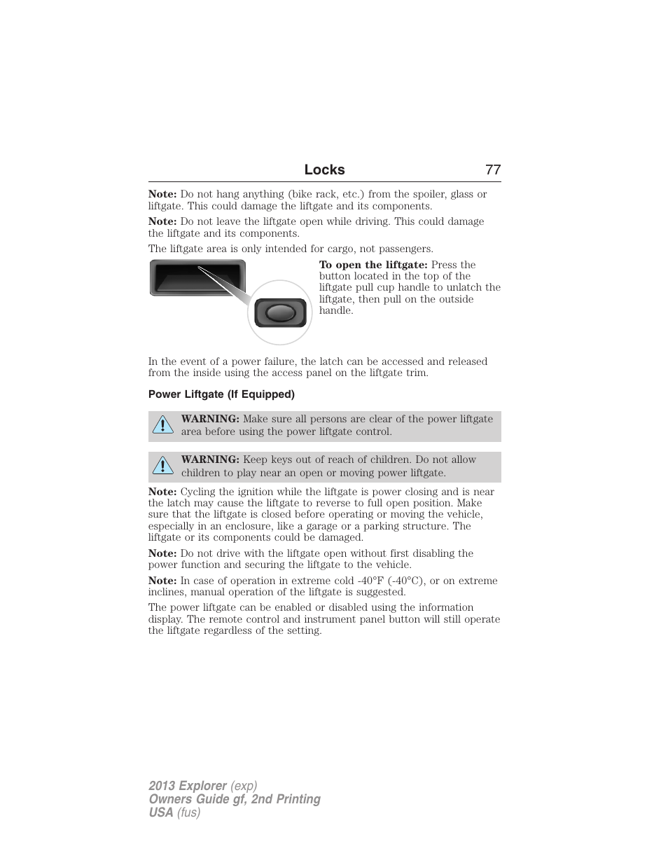 Power liftgate (if equipped), Locks 77 | FORD 2013 Explorer v.2 User Manual | Page 77 / 565