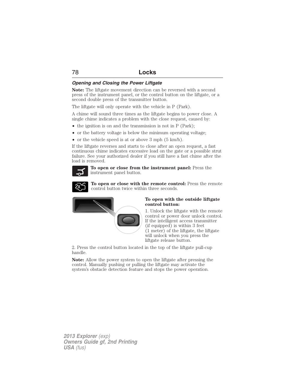 Opening and closing the power liftgate, 78 locks | FORD 2013 Explorer v.2 User Manual | Page 78 / 565