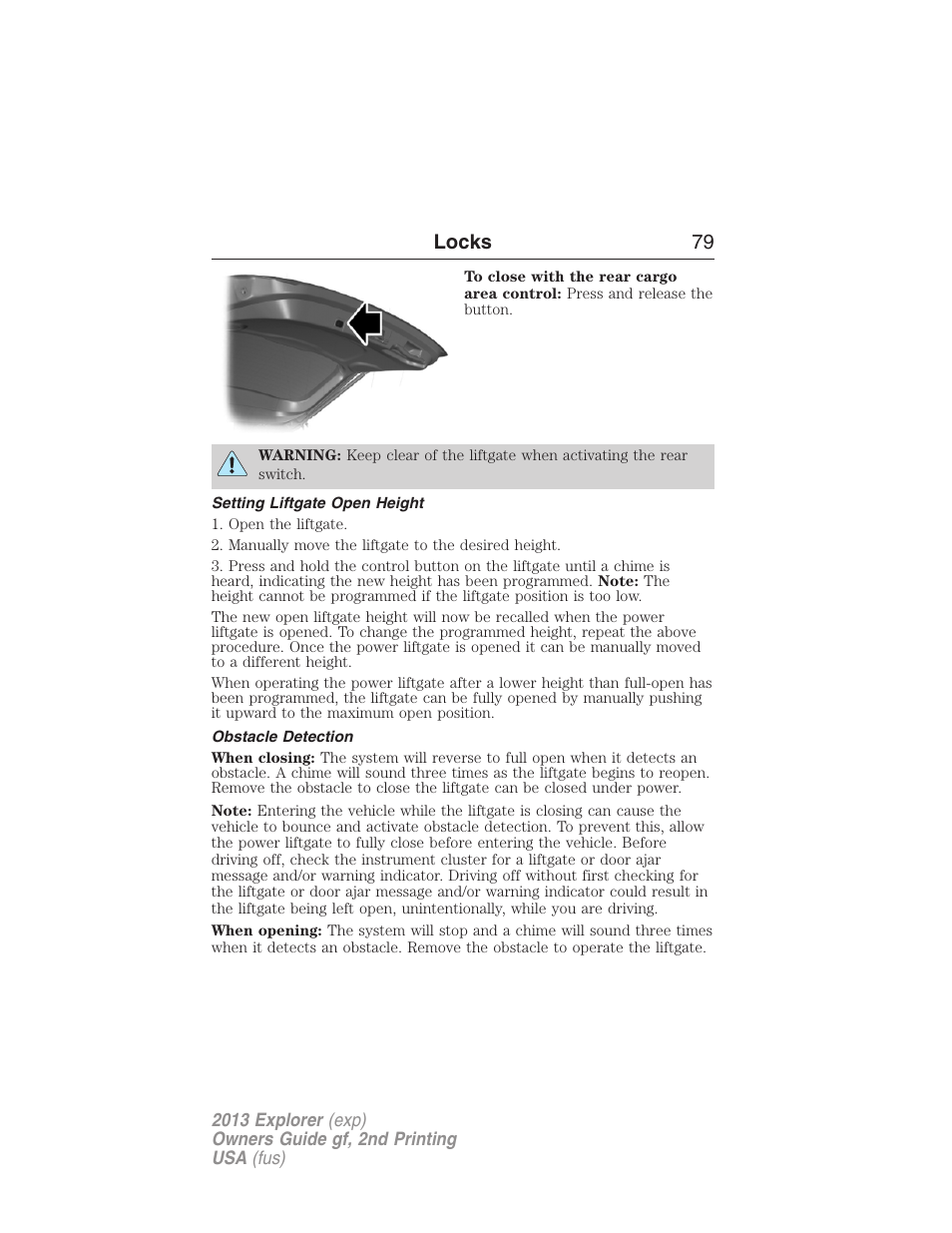 Setting liftgate open height, Obstacle detection, Locks 79 | FORD 2013 Explorer v.2 User Manual | Page 79 / 565