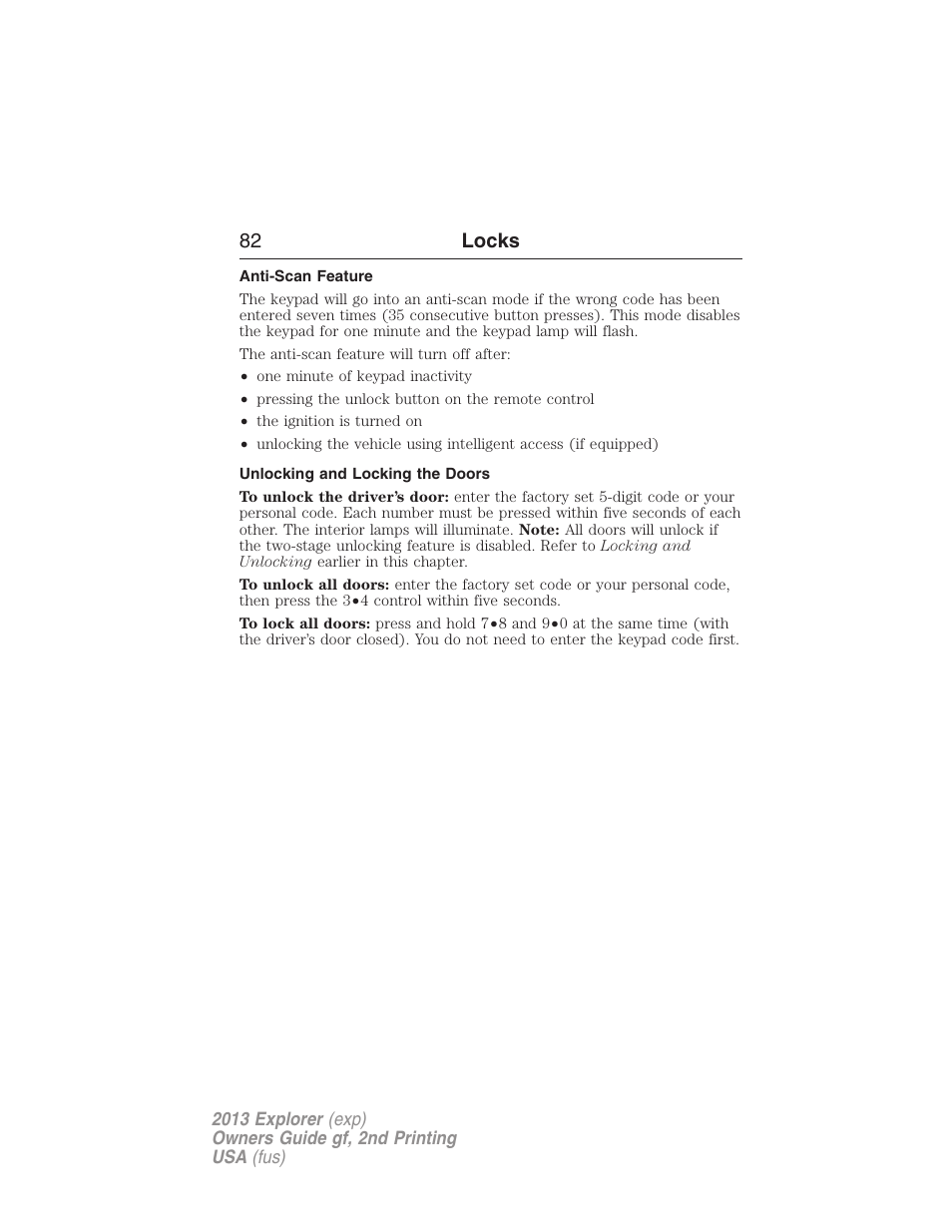 Anti-scan feature, Unlocking and locking the doors, 82 locks | FORD 2013 Explorer v.2 User Manual | Page 82 / 565