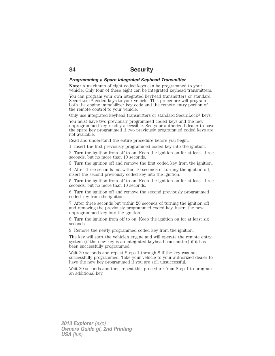 Programming a spare integrated keyhead transmitter, 84 security | FORD 2013 Explorer v.2 User Manual | Page 84 / 565