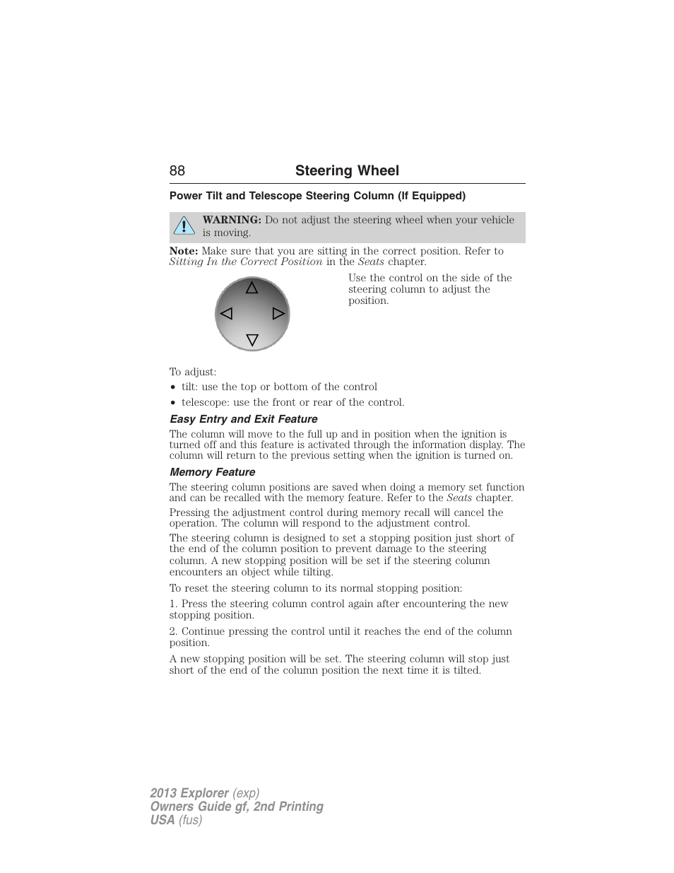 Easy entry and exit feature, Memory feature, 88 steering wheel | FORD 2013 Explorer v.2 User Manual | Page 88 / 565