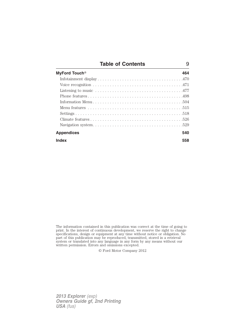 Table of contents 9 | FORD 2013 Explorer v.2 User Manual | Page 9 / 565