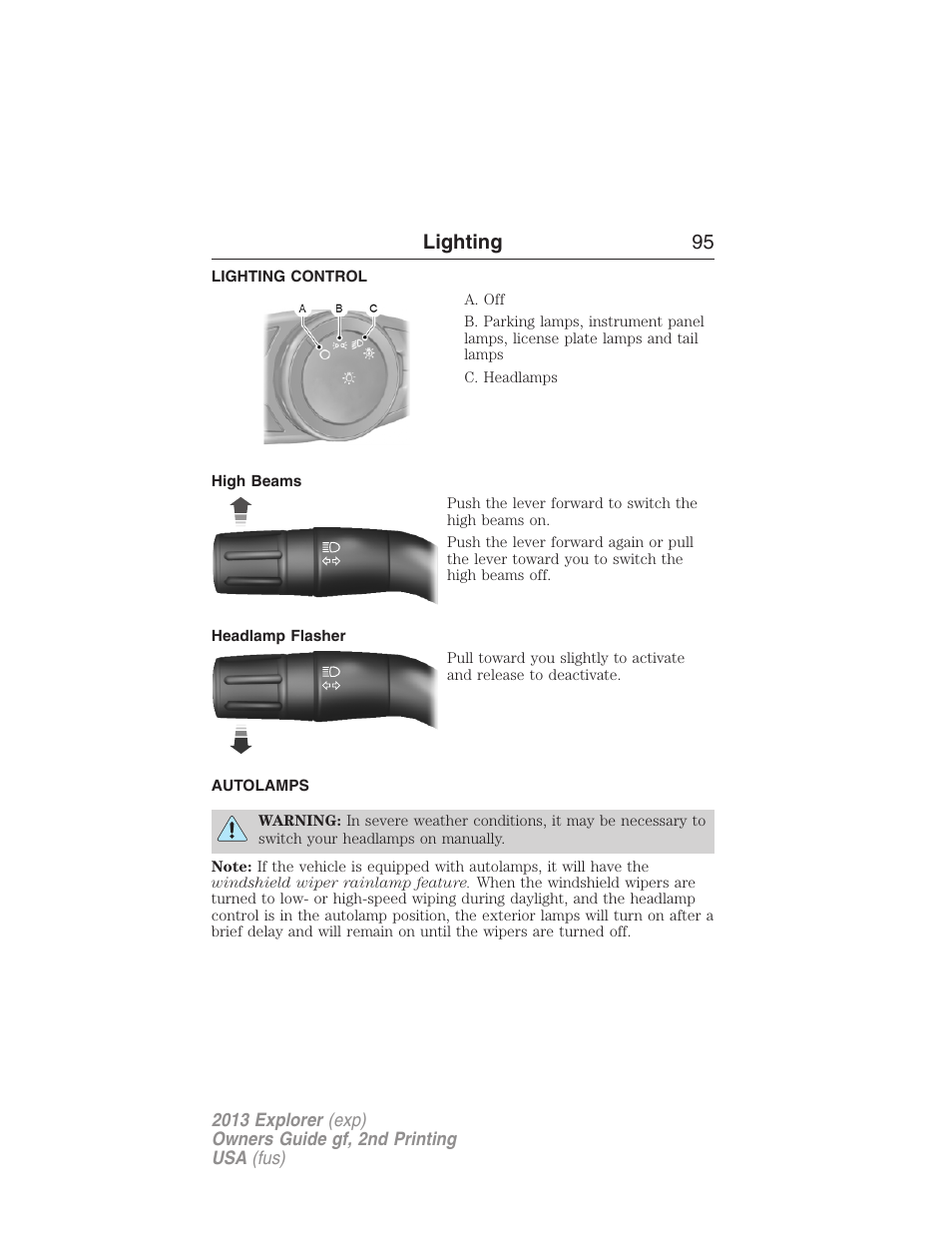 Lighting, Lighting control, High beams | Headlamp flasher, Autolamps, Lighting 95 | FORD 2013 Explorer v.2 User Manual | Page 95 / 565