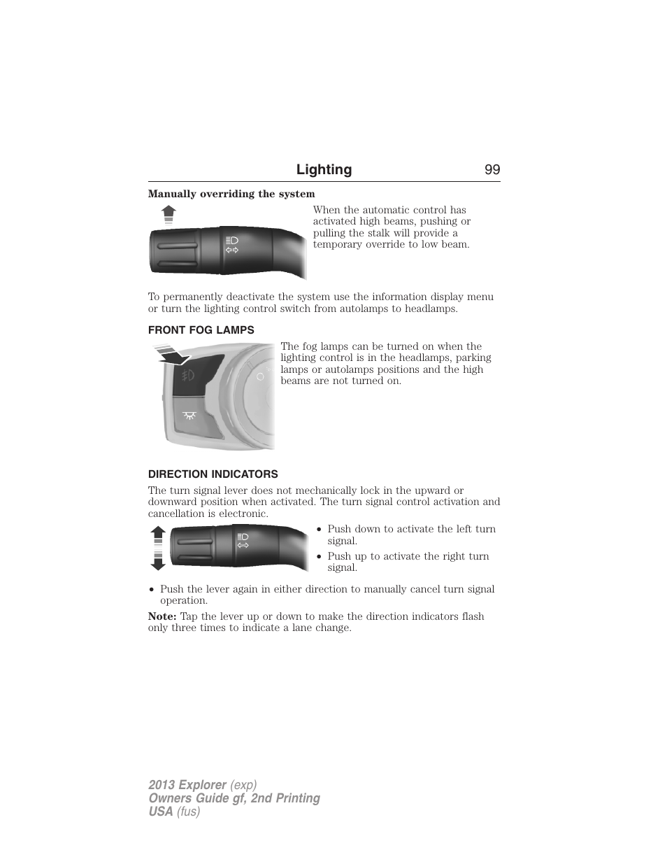 Front fog lamps, Direction indicators, Lighting 99 | FORD 2013 Explorer v.2 User Manual | Page 99 / 565