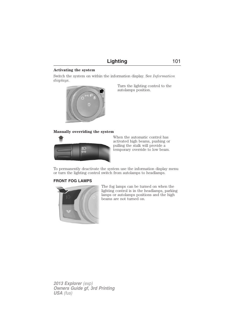 Front fog lamps, Lighting 101 | FORD 2013 Explorer v.3 User Manual | Page 102 / 579