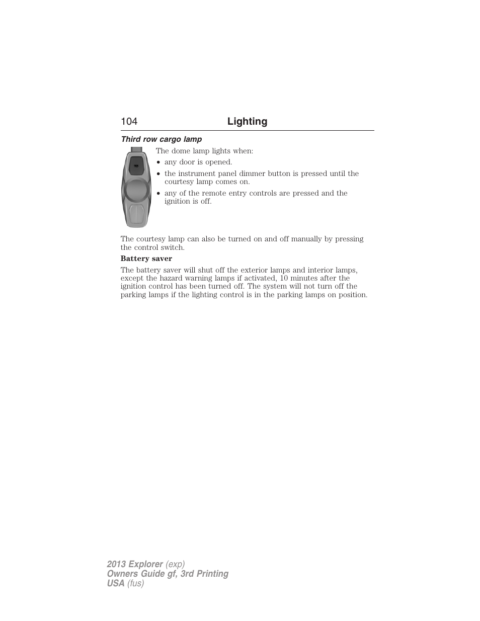 Third row cargo lamp, 104 lighting | FORD 2013 Explorer v.3 User Manual | Page 105 / 579