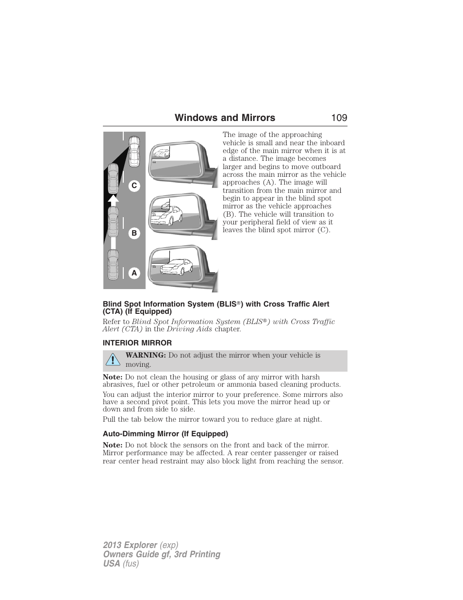 Interior mirror, Auto-dimming mirror (if equipped), Interior mirrors | Windows and mirrors 109 | FORD 2013 Explorer v.3 User Manual | Page 110 / 579