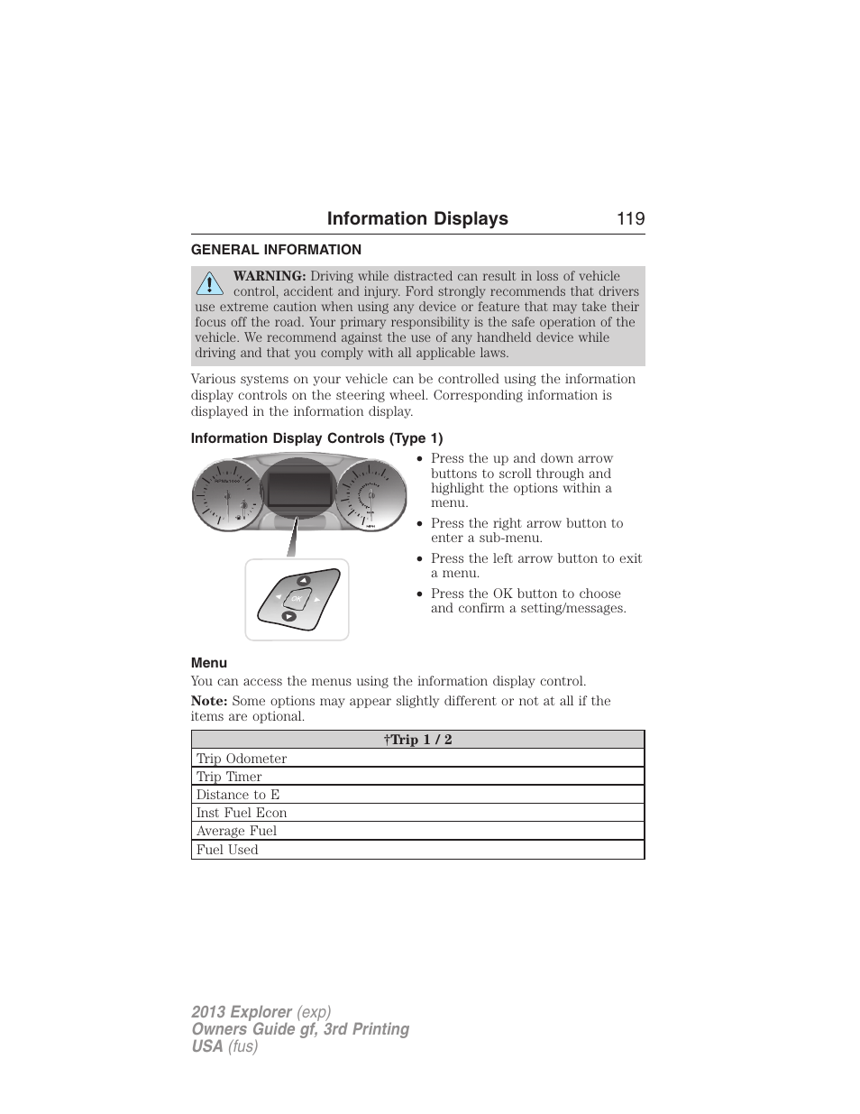 Information displays, General information, Information display controls (type 1) | Menu, Controls, Information displays 119 | FORD 2013 Explorer v.3 User Manual | Page 120 / 579