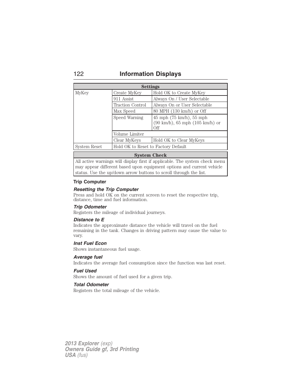 Trip computer, Resetting the trip computer, Trip odometer | Distance to e, Inst fuel econ, Average fuel, Fuel used, Total odometer, 122 information displays | FORD 2013 Explorer v.3 User Manual | Page 123 / 579