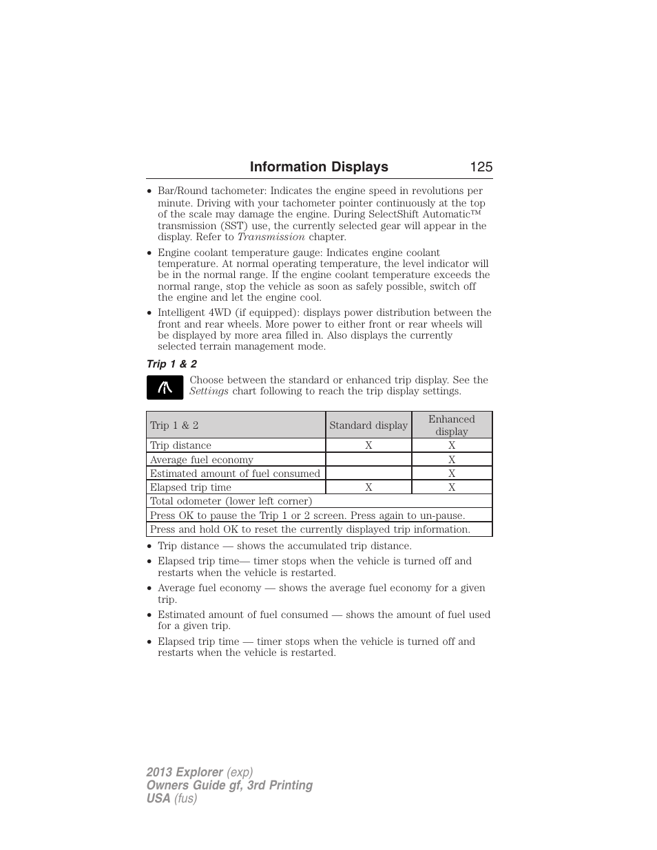 Trip 1 & 2, Information displays 125 | FORD 2013 Explorer v.3 User Manual | Page 126 / 579