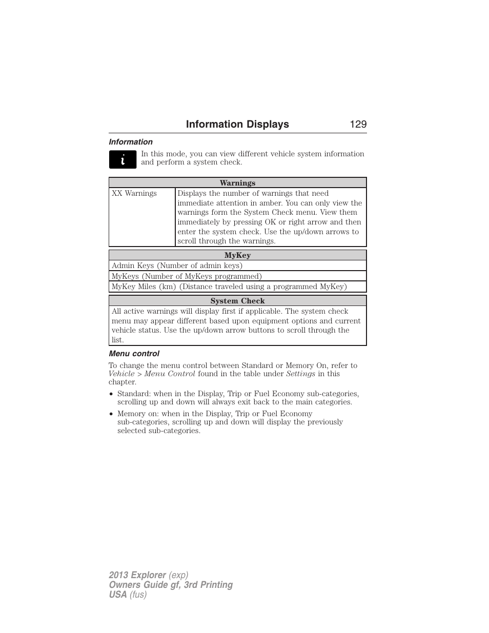 Information, Menu control, Information displays 129 | FORD 2013 Explorer v.3 User Manual | Page 130 / 579