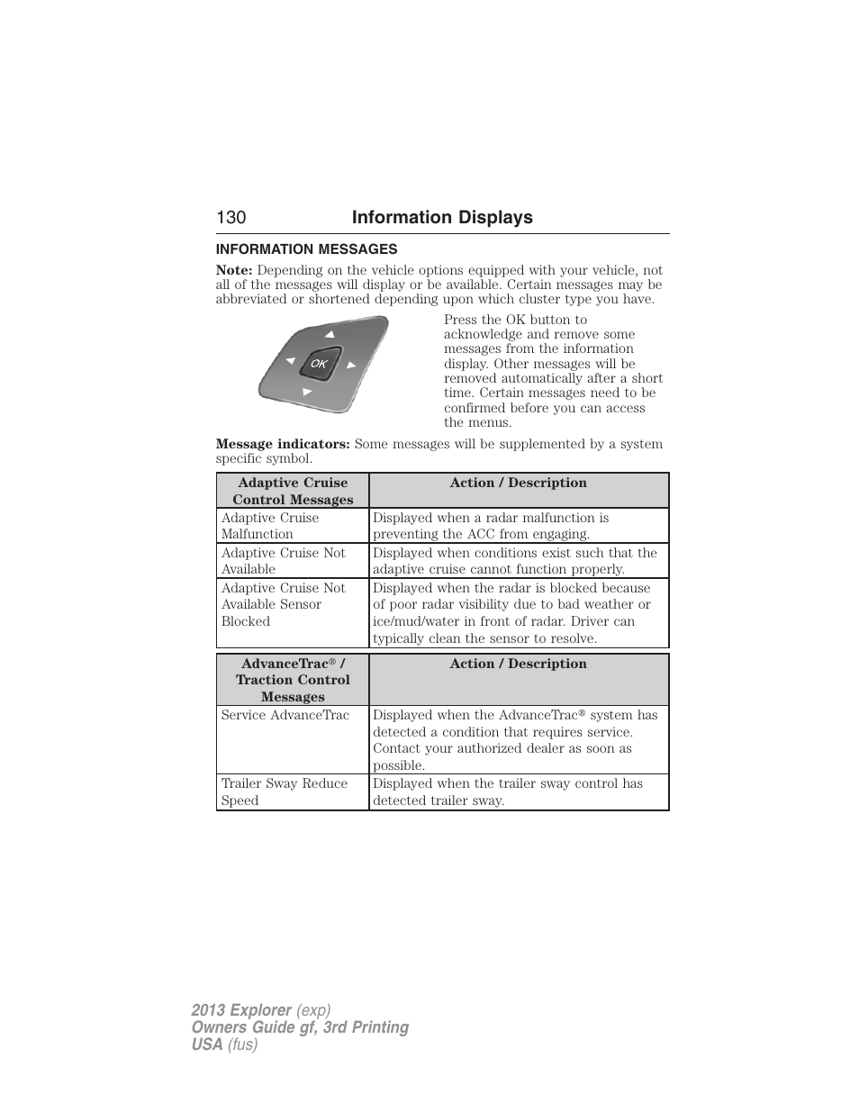 Information messages, 130 information displays | FORD 2013 Explorer v.3 User Manual | Page 131 / 579