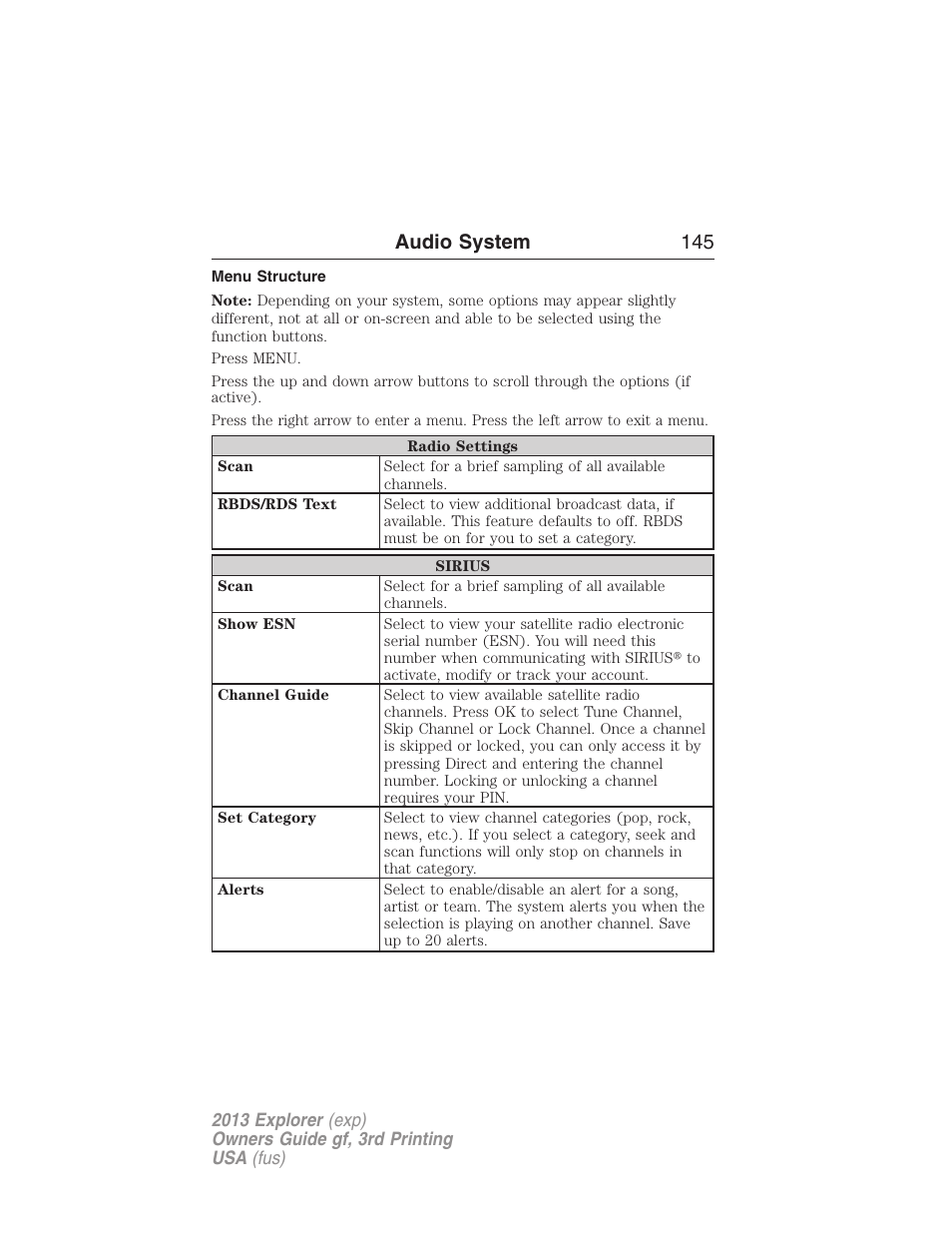 Menu structure, Audio system 145 | FORD 2013 Explorer v.3 User Manual | Page 146 / 579