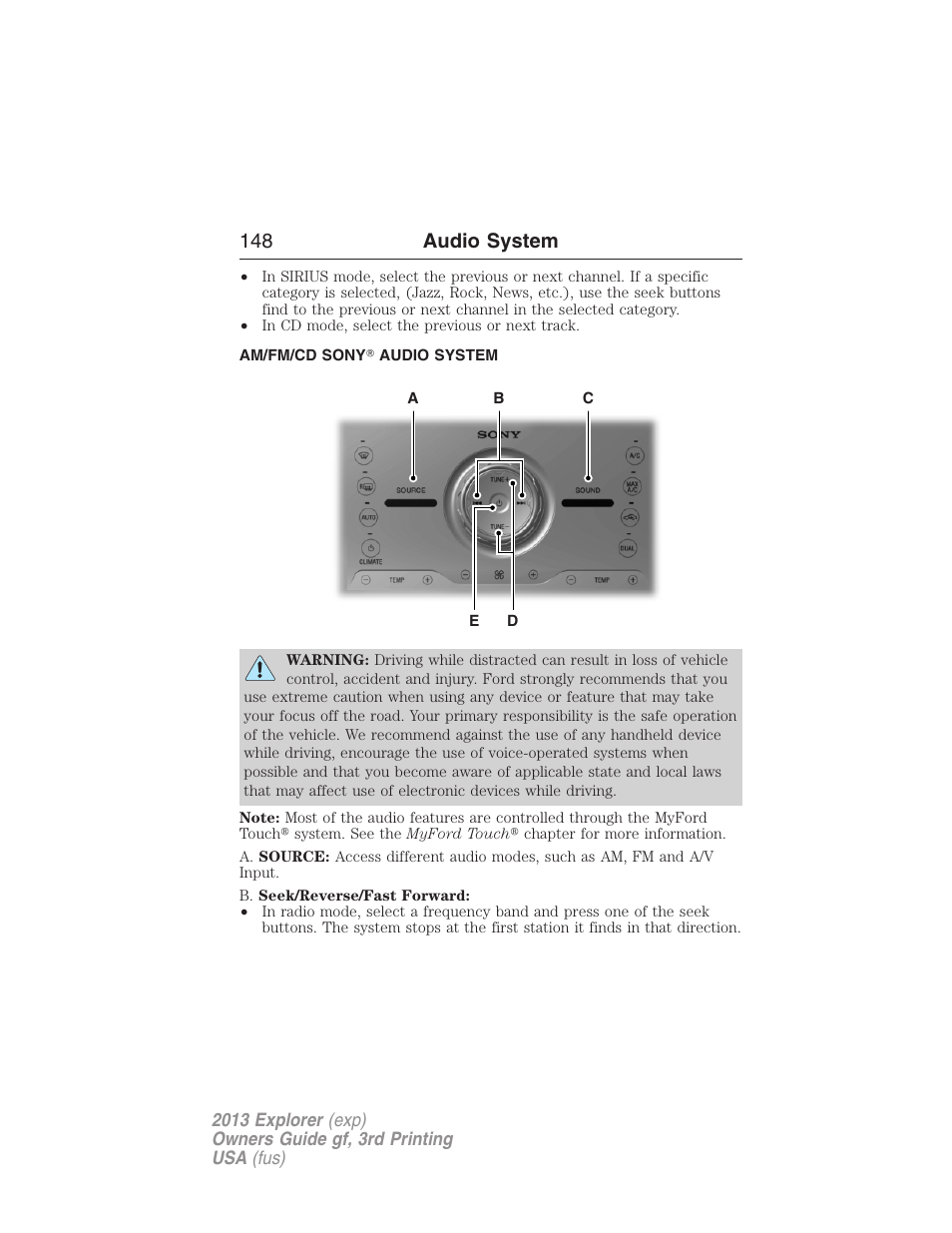 Am/fm/cd sony? audio system, 148 audio system | FORD 2013 Explorer v.3 User Manual | Page 149 / 579