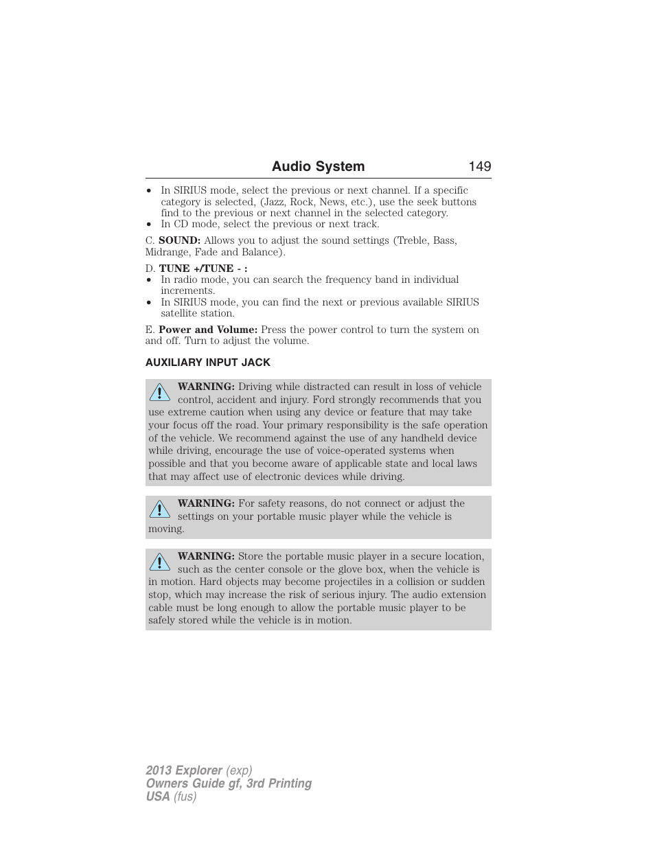 Auxiliary input jack, Audio system 149 | FORD 2013 Explorer v.3 User Manual | Page 150 / 579