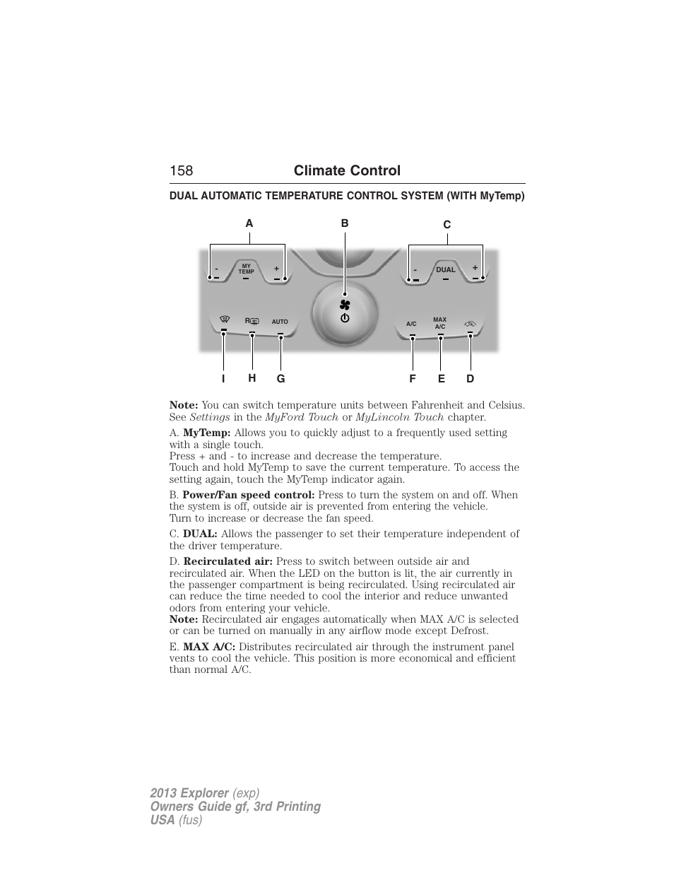 158 climate control | FORD 2013 Explorer v.3 User Manual | Page 159 / 579