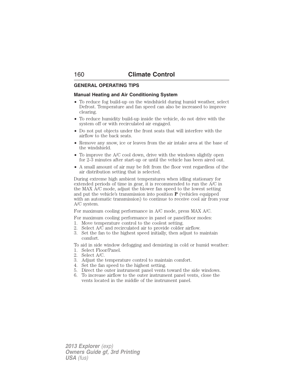 General operating tips, Manual heating and air conditioning system, 160 climate control | FORD 2013 Explorer v.3 User Manual | Page 161 / 579