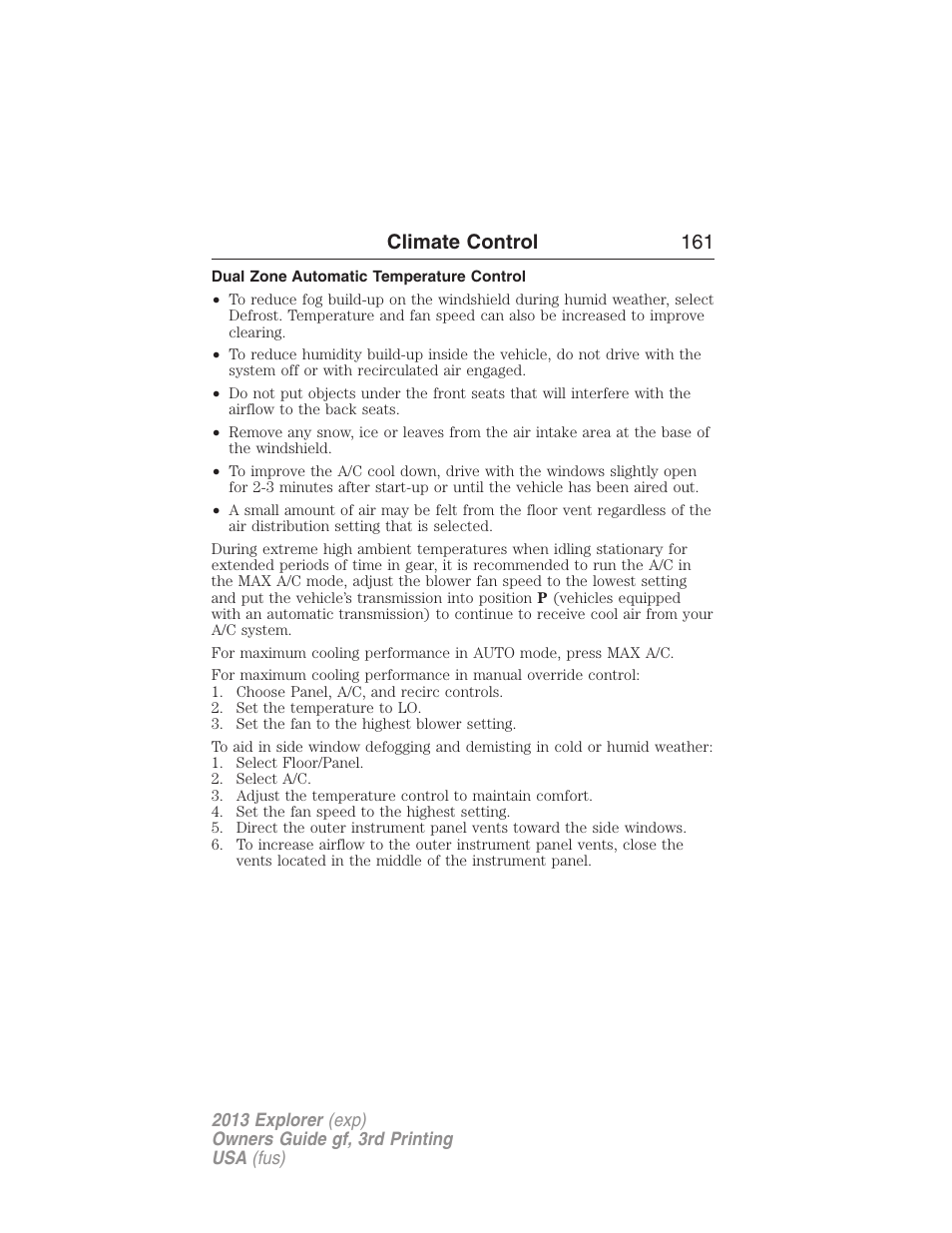 Dual zone automatic temperature control, Climate control 161 | FORD 2013 Explorer v.3 User Manual | Page 162 / 579