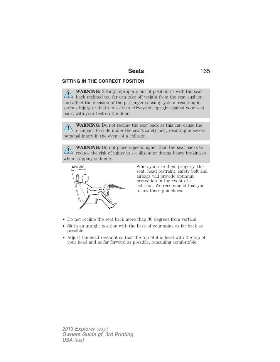 Seats, Sitting in the correct position, Seats 165 | FORD 2013 Explorer v.3 User Manual | Page 166 / 579