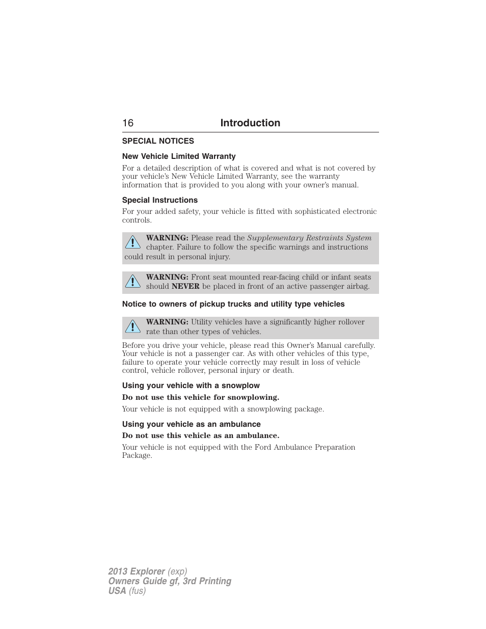 Special notices, New vehicle limited warranty, Special instructions | Using your vehicle with a snowplow, Using your vehicle as an ambulance, 16 introduction | FORD 2013 Explorer v.3 User Manual | Page 17 / 579