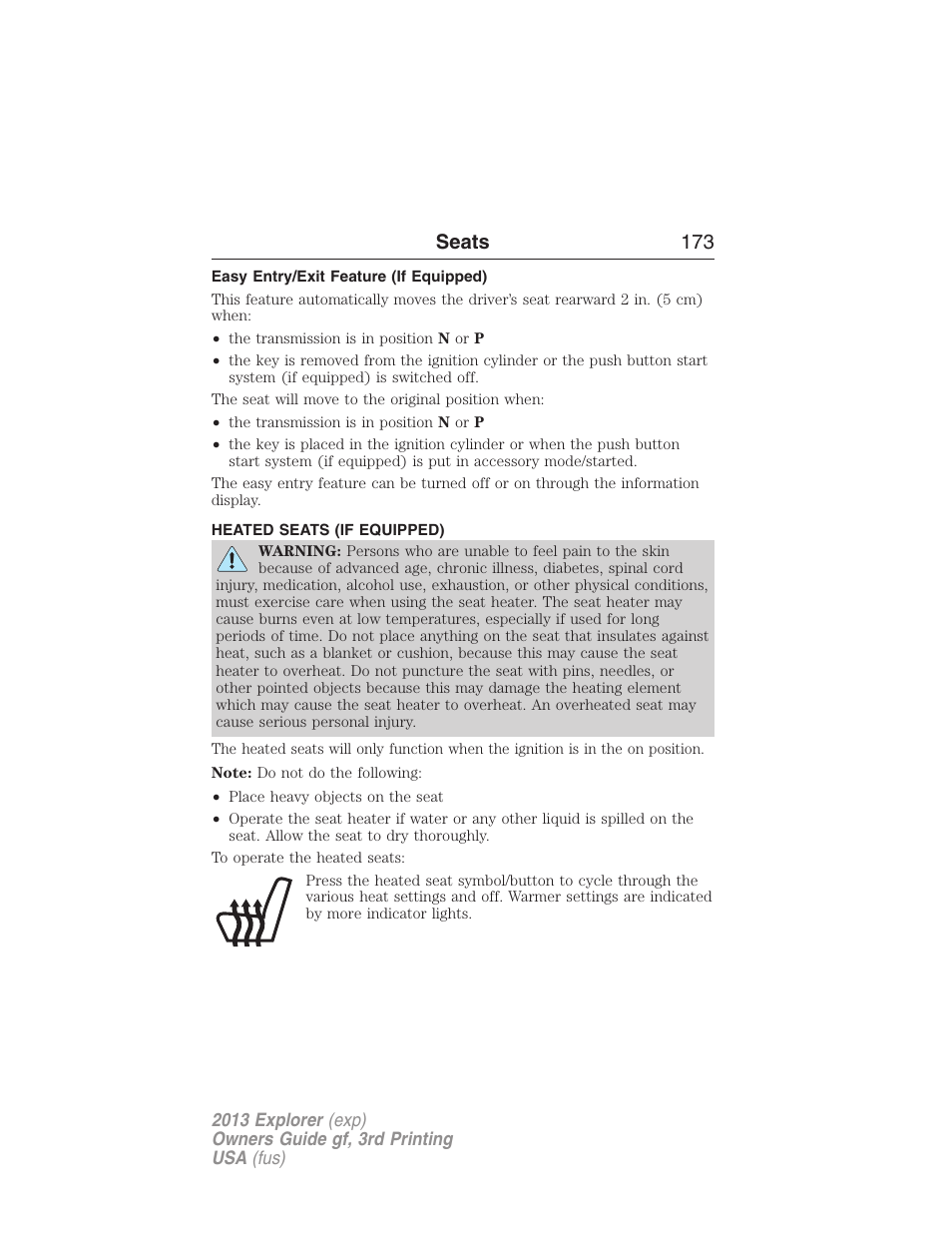 Easy entry/exit feature (if equipped), Heated seats (if equipped), Heated seats | Seats 173 | FORD 2013 Explorer v.3 User Manual | Page 174 / 579