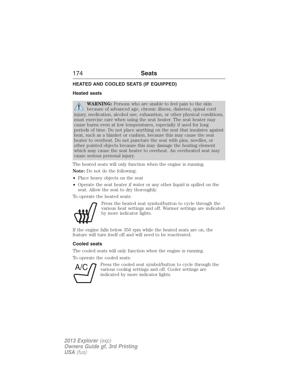 Heated and cooled seats (if equipped), Heated seats, Cooled seats | Heated and cooled seats, 174 seats | FORD 2013 Explorer v.3 User Manual | Page 175 / 579