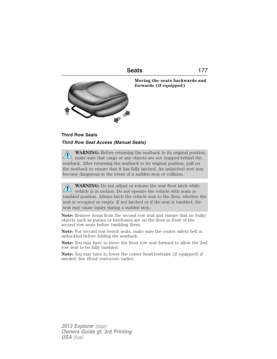 Third row seats, Third row seat access (manual seats), Seats 177 | FORD 2013 Explorer v.3 User Manual | Page 178 / 579