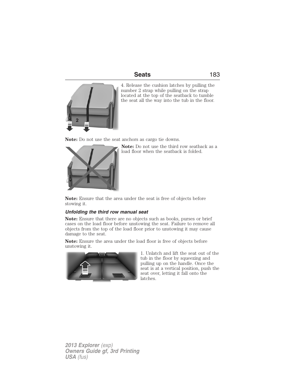 Unfolding the third row manual seat, Seats 183 | FORD 2013 Explorer v.3 User Manual | Page 184 / 579