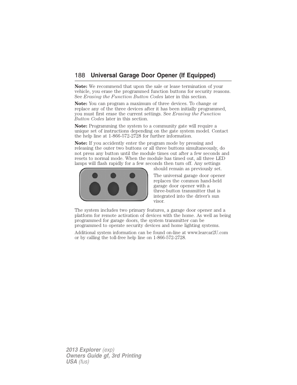 188 universal garage door opener (if equipped) | FORD 2013 Explorer v.3 User Manual | Page 189 / 579