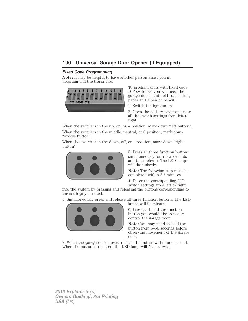 Fixed code programming, 190 universal garage door opener (if equipped) | FORD 2013 Explorer v.3 User Manual | Page 191 / 579