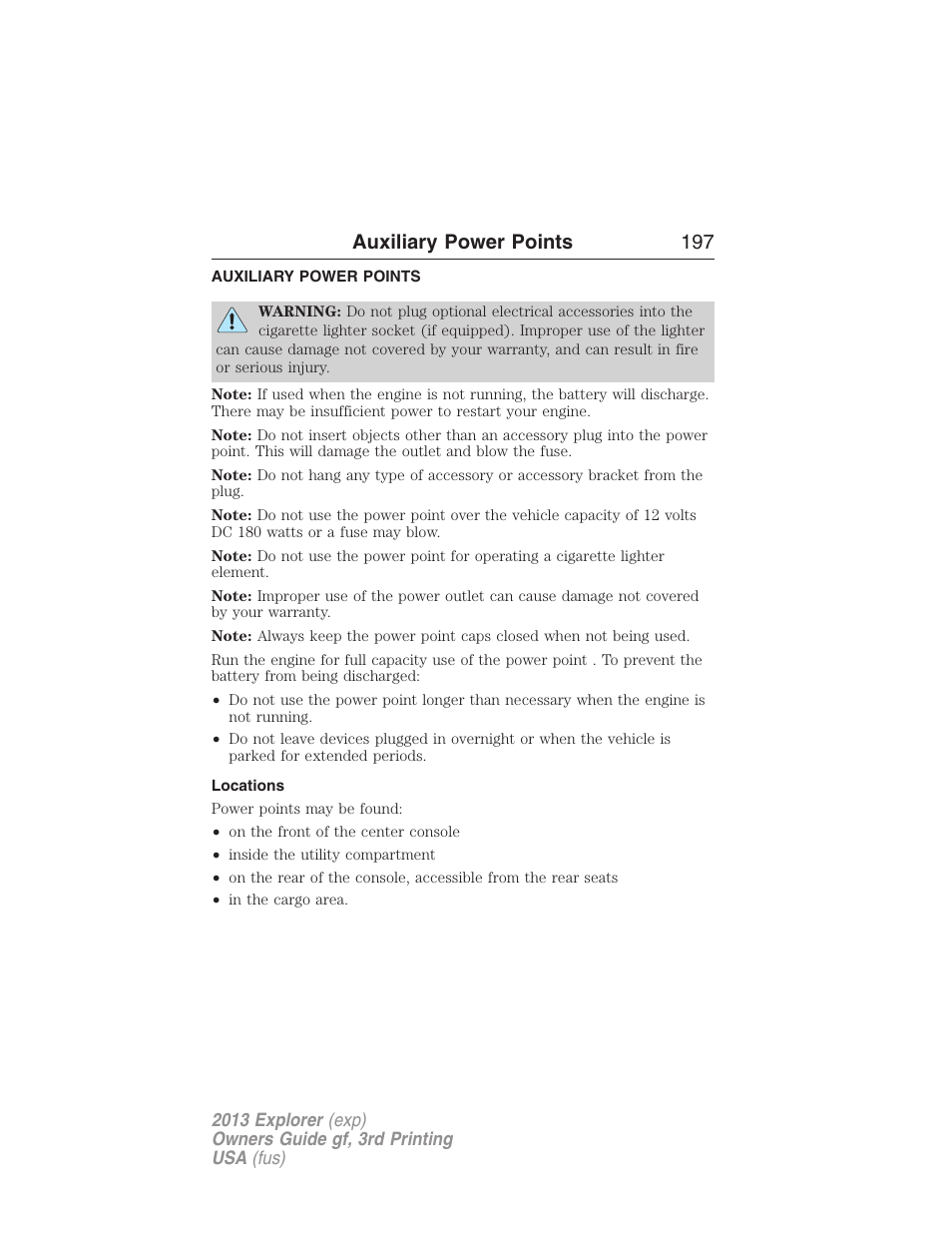 Auxiliary power points, Locations, Auxiliary power points 197 | FORD 2013 Explorer v.3 User Manual | Page 198 / 579