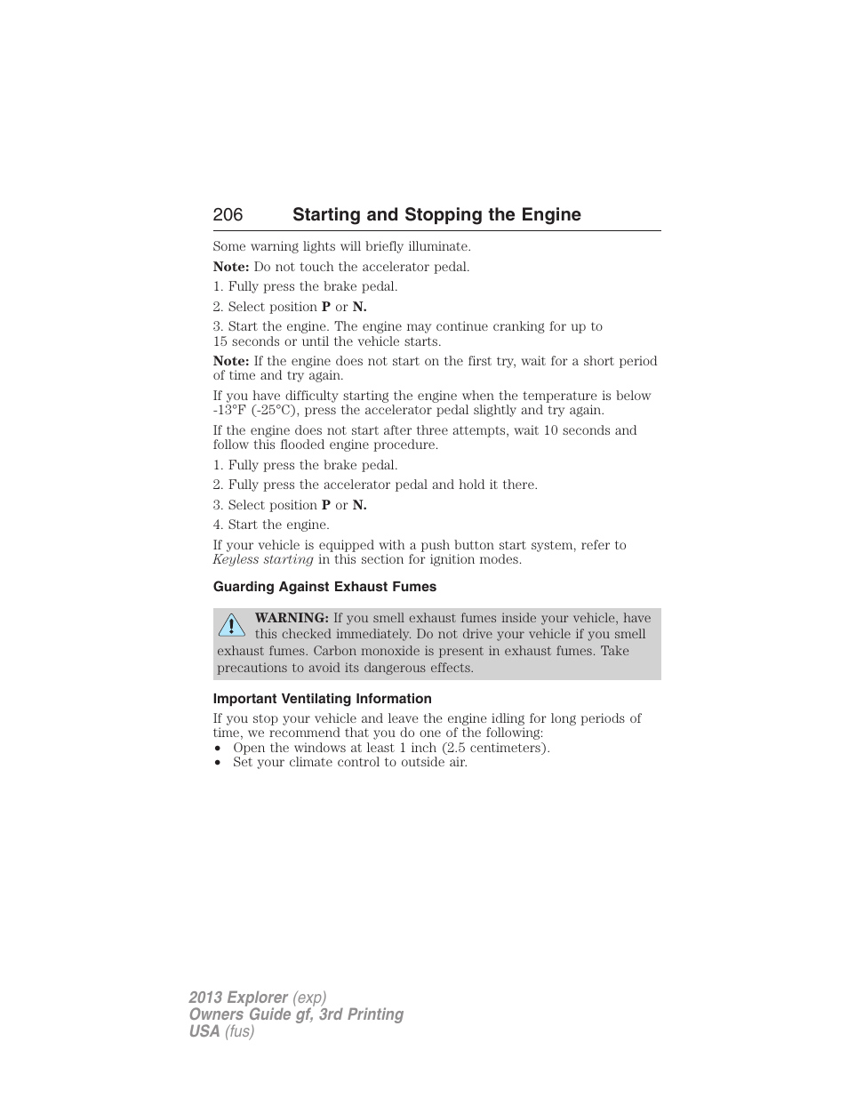 Guarding against exhaust fumes, Important ventilating information, 206 starting and stopping the engine | FORD 2013 Explorer v.3 User Manual | Page 207 / 579