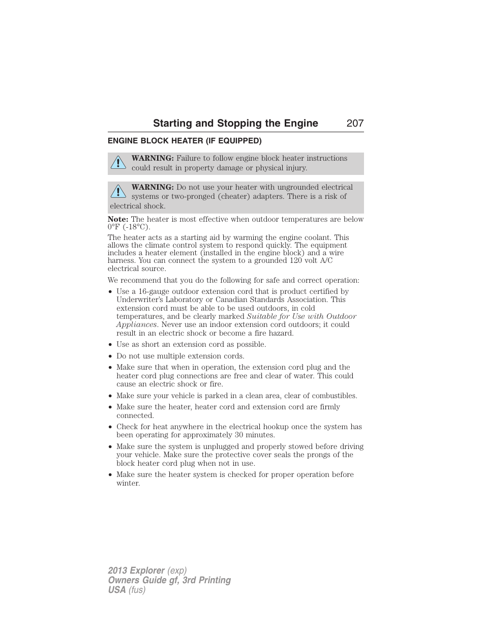 Engine block heater (if equipped), Engine block heater, Starting and stopping the engine 207 | FORD 2013 Explorer v.3 User Manual | Page 208 / 579