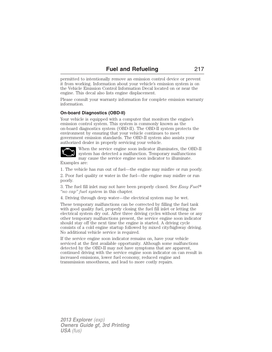 On-board diagnostics (obd-ii), Fuel and refueling 217 | FORD 2013 Explorer v.3 User Manual | Page 218 / 579