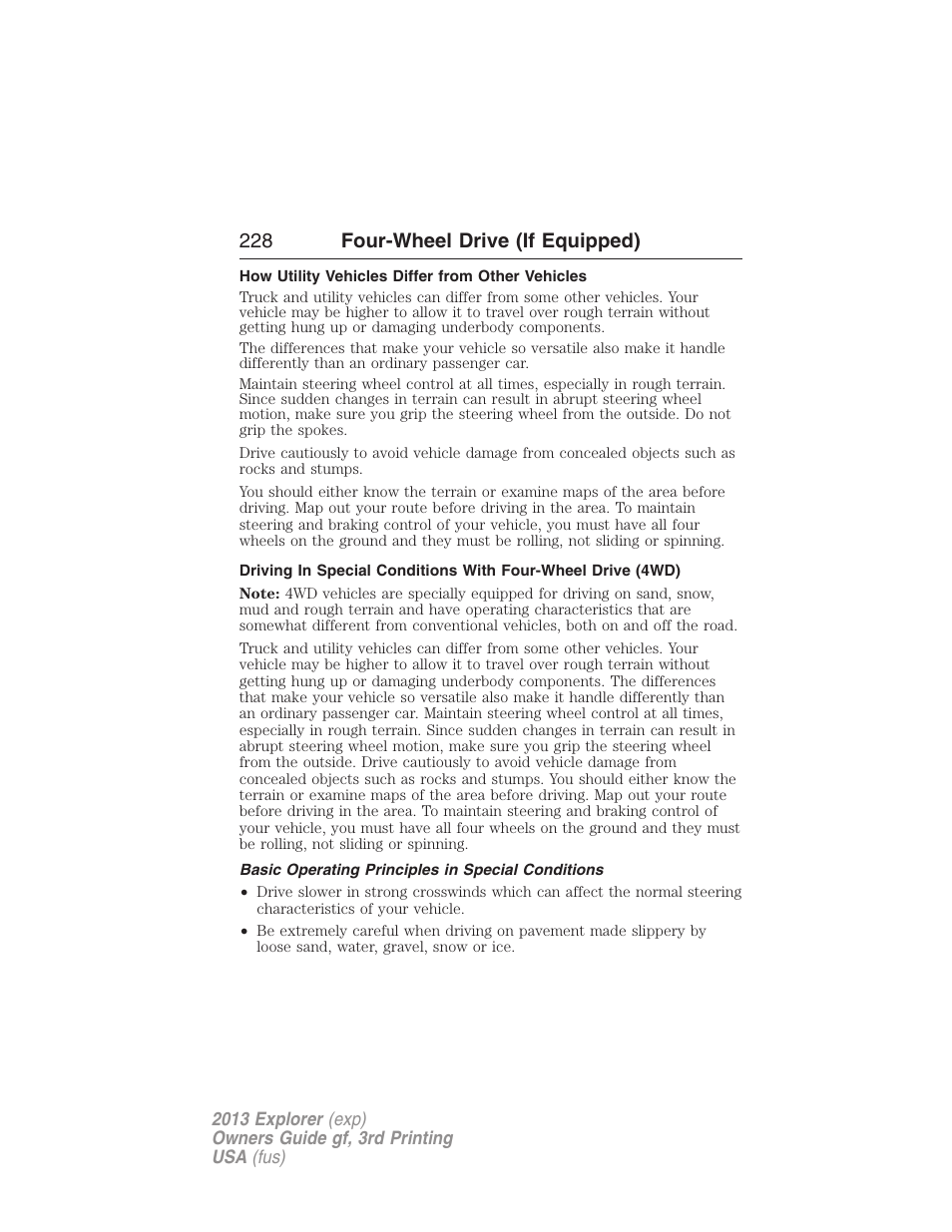 How utility vehicles differ from other vehicles, Basic operating principles in special conditions, 228 four-wheel drive (if equipped) | FORD 2013 Explorer v.3 User Manual | Page 229 / 579