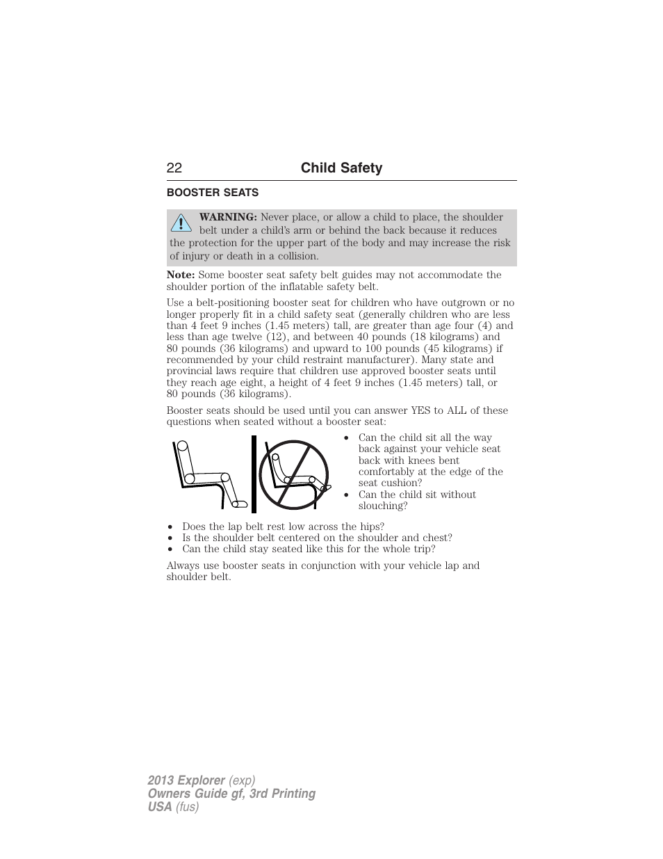 Booster seats, 22 child safety | FORD 2013 Explorer v.3 User Manual | Page 23 / 579