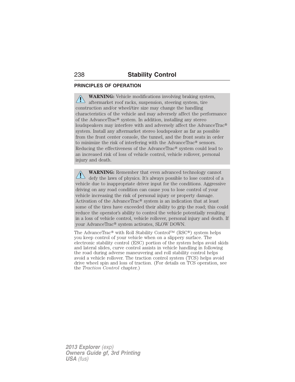 Stability control, Principles of operation, Advancetrac | 238 stability control | FORD 2013 Explorer v.3 User Manual | Page 239 / 579