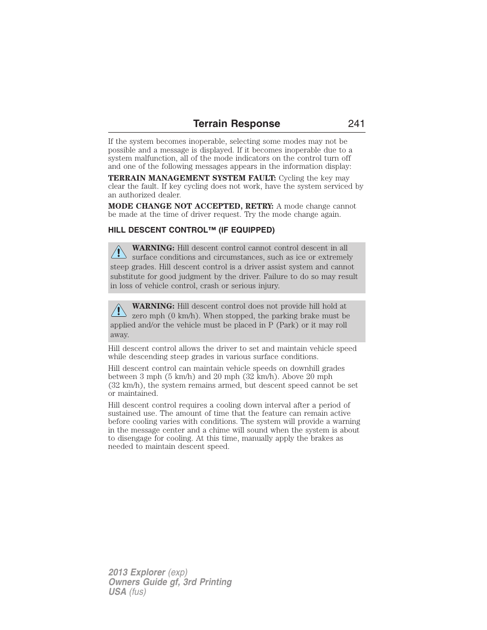 Hill descent control™ (if equipped), Hill descent control, Terrain response 241 | FORD 2013 Explorer v.3 User Manual | Page 242 / 579