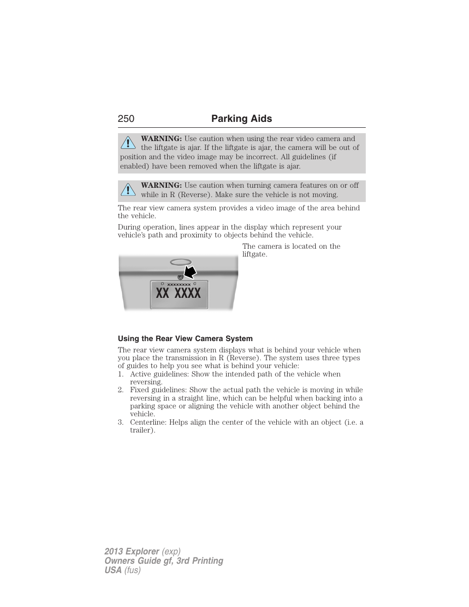 Using the rear view camera system, 250 parking aids | FORD 2013 Explorer v.3 User Manual | Page 251 / 579