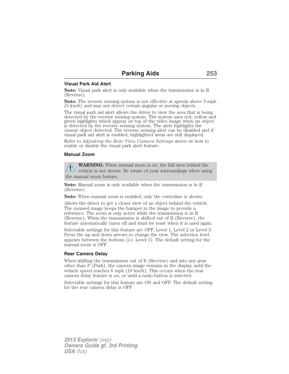 Visual park aid alert, Manual zoom, Rear camera delay | Parking aids 253 | FORD 2013 Explorer v.3 User Manual | Page 254 / 579