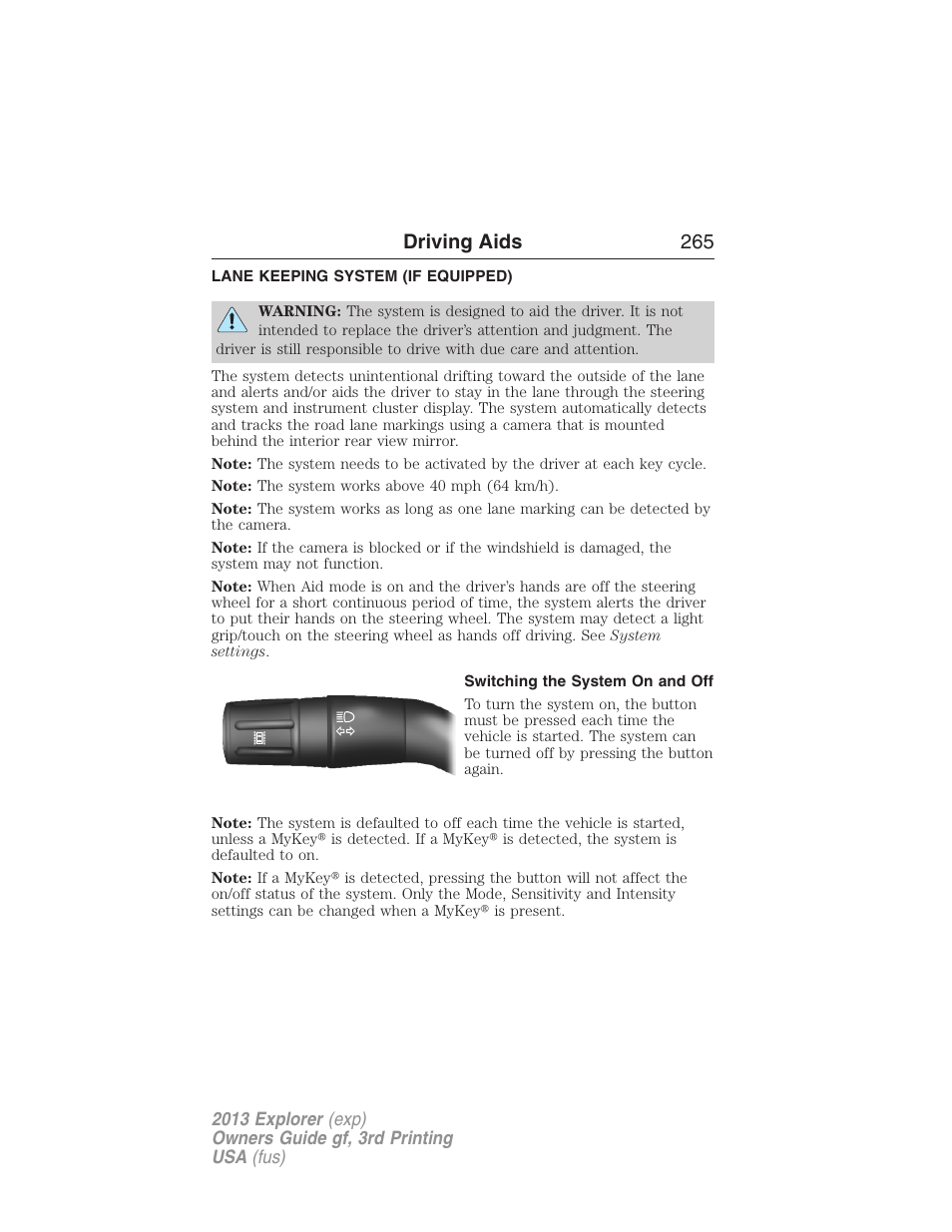 Lane keeping system (if equipped), Switching the system on and off, Lane keeping system | Driving aids 265 | FORD 2013 Explorer v.3 User Manual | Page 266 / 579